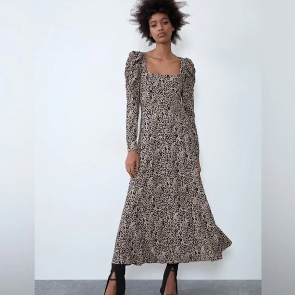 ZARA nwt ANIMAL PRINT DRESS SQUARE NECKLINE PUFF SHOULDER MIDI